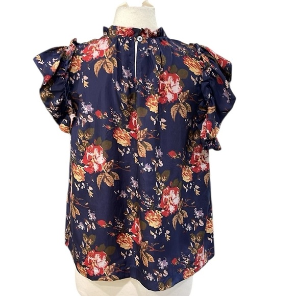 SEA NEW YORK Esme Silk Flutter Sleeve Top Navy Blue Floral SZ L - Picture 4 of 6